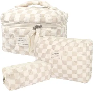 3 Pack Checkered Quilted Makeup Bags, Large Corduroy Cosmetic Travel Bags, Portable Toiletry Organizer Pouch for Women