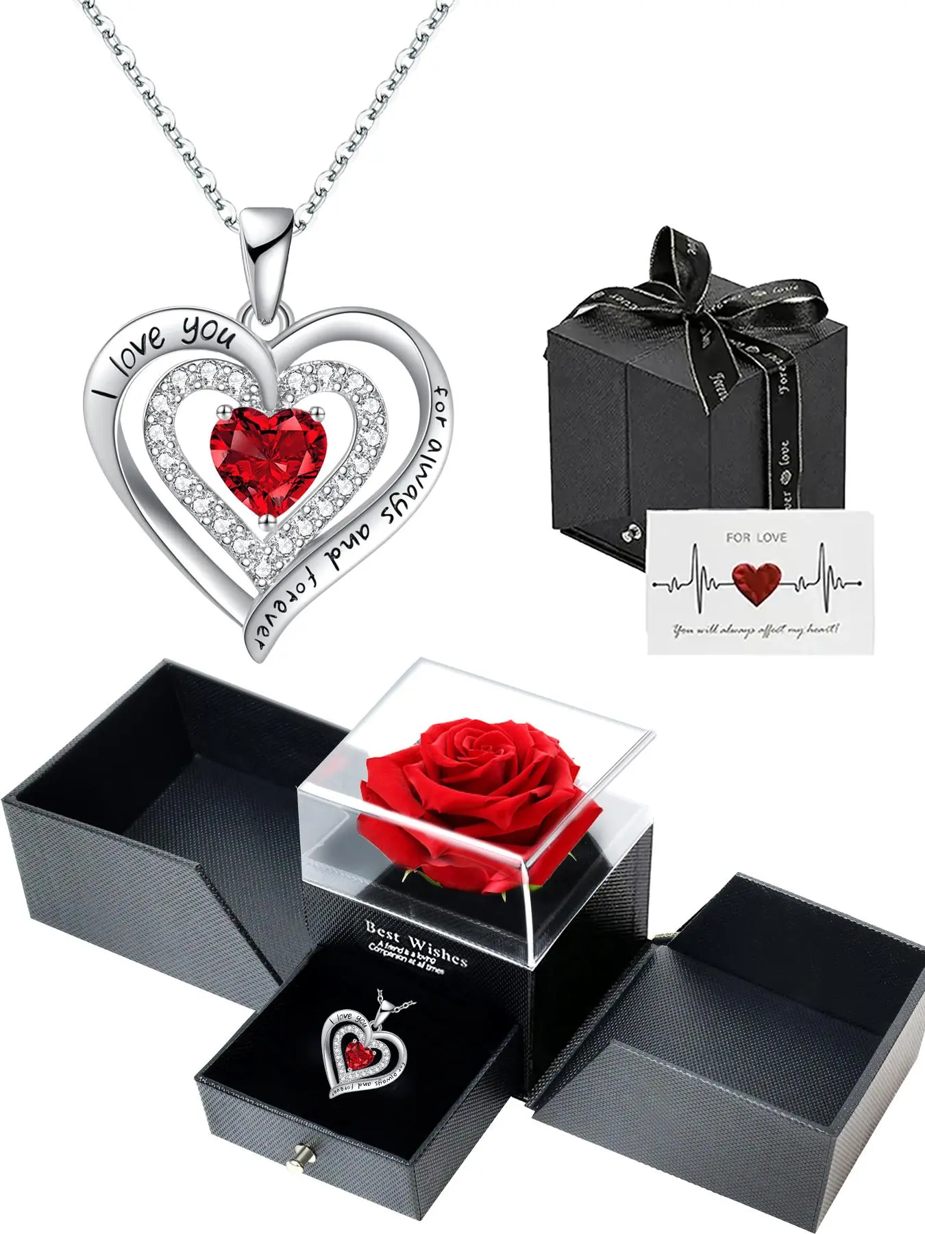 Inscribed heart necklace and rose bouquet gift box, suitable for women, Chic Gorgeous Jewelry with birthstone pendant, suitable for Christmas, Valentine's Day, Mother's Day, birthday, anniversary gift