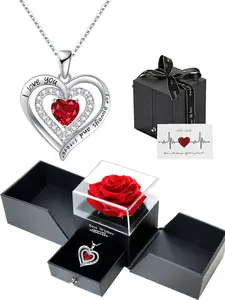 Inscribed heart necklace and rose bouquet gift box, suitable for women, jewelry with birthstone pendant, suitable for Christmas, Valentine's Day, Mother's Day, birthday, anniversary gift