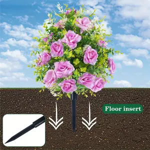Artificial rose shrub border - Detachable garden stakes - UV-resistant realistic plastic flowers, colorful outdoor garden and porch decoration suitable for lawns, flower beds and party home decorations, realistic green plants for decoration