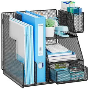 Desk Organizer and Accessories, 3-Tier File Organizer with Drawer and Pen Holder, Small Desktop Organizer and Storage for Workspace Office Supplies Black