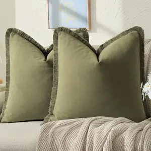 2PCS Pillow Covers 18x18 Inch Throw Pillow Covers with Fringe Chic Decorative Pillows Square Cushion Covers for Sofa Couch Bed Living Room Farmhouse Boho Decor