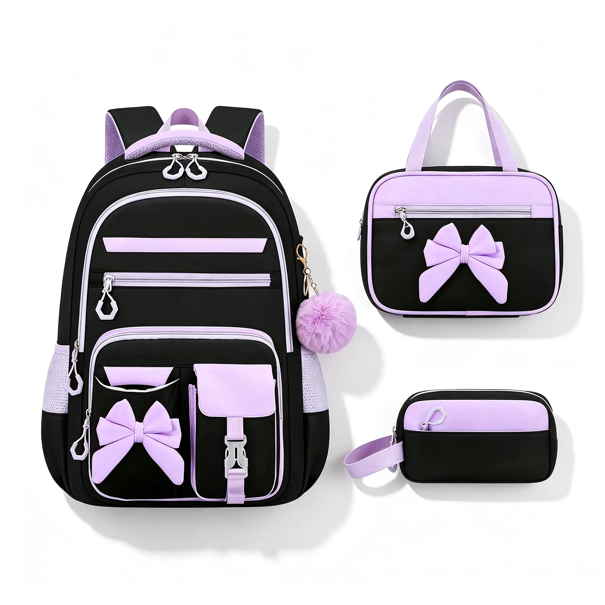 Black Purple Bow Decor Backpack Set, Large-Capacity Multi-Pocket Casual Daypack with Fluffy Pom-Pom Charm. Includes Insulated Lunch Bag and Stationery Pouch for Daily Outdoor Travel