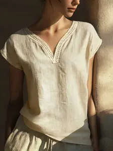 Women's Elegant Bohemian Lace V-Neck Shirt Top, Summer Vintage Cotton Linen Blouse Fit, Cross-Border Fashion Womenswear, New Arrival 2026