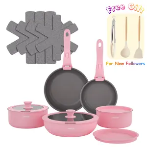 New Ceramic Granite Cookware Set with Detachable Anti-scald Handle Pots Nonstick Kitchenware Oven Dishwasher Fridge Safe Space Saving Affordable Cookware Pink Pan Frying Dinnerware Includes 8" 10" Fry Pans 2-qt 3-qt 4-qt Saucepans Silicone Lids Utensils f