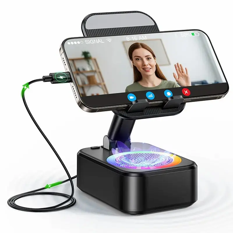 IMOLI Wireless Induction Bluetooth Speaker Phone Holder with Emergency Charging RGB Light for iPad iPhone Android Samsung 1500mAh Battery Surround Sound Perfect for Office Parties Gifts