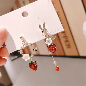 Korean Style Flower Cute Animal Rabbit Dangle Earrings For Women Strawberry Zircon Bee Asymmetrical Tassel Earring Party Jewelry