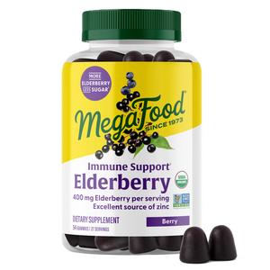 MegaFood Elderberry Immune Support Gummies- For Ages 4+. Delicious Berry flavor with Blueberries and Ginger. 54 Gummies