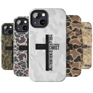 Vintage "I Can Do All Things Through Christ Who Strengthens Me" Camo Cross Smartphone Case, Old School Camo Aesthetic Cellphone Cover - Durable, Safety-Focused Handheld Phone Accessories for iPhone 17,16,15,14,13,12 Plus