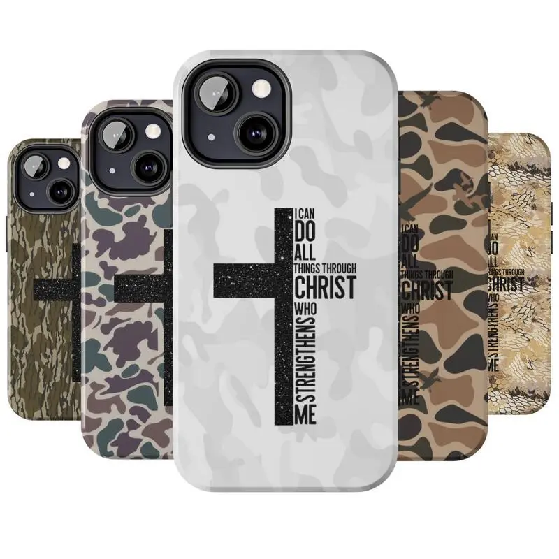 Vintage "I Can Do All Things Through Christ Who Strengthens Me" Camo Cross TPU Casing, Old School Camo Cellphone Case - Shockproof, Durable Protection Accessory for iPhone 17,16,15,14,13,12 Plus