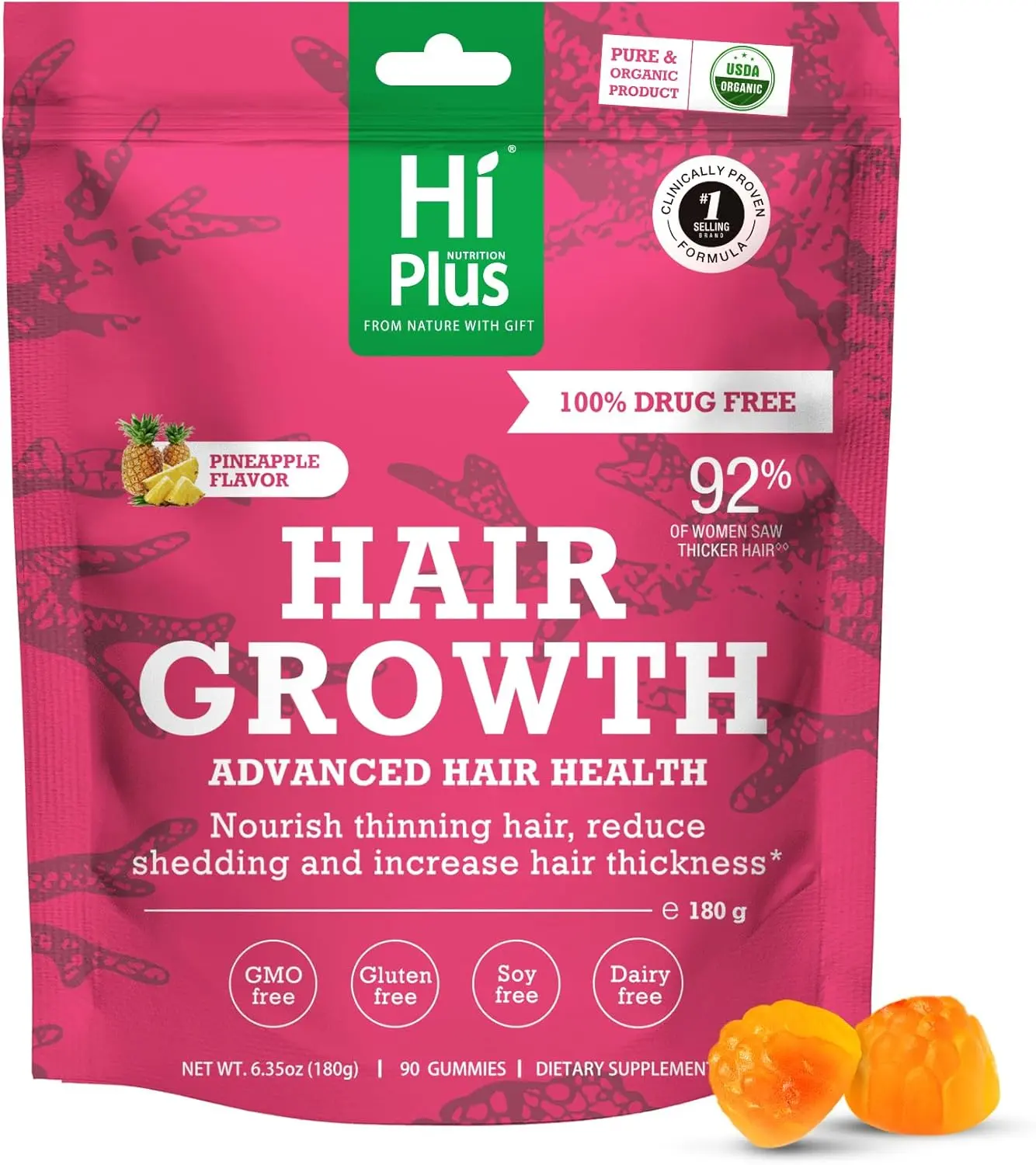 HiPlus Women's Edible Chewable Dietary Healthcare Hair Growth Accelerator Supplement Gummies, Nourishes Thinning Hair, Boosts Thickness, With Collagen, Biotin, Zinc, Vitamin C, Iron - Pineapple Flavor - 90 Pieces, 45 Day Supply, Gummy Chew, Thickens Hair