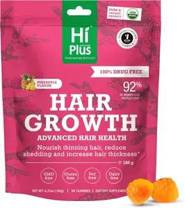 HiPlus Women's Edible Chewable Dietary Healthcare Hair Growth Accelerator Supplement Gummies, Nourishes Thinning Hair, Boosts Thickness, With Collagen, Biotin, Zinc, Vitamin C, Iron - Pineapple Flavor - 90 Pieces, 45 Day Supply, Gummy Chew, Thickens Hair