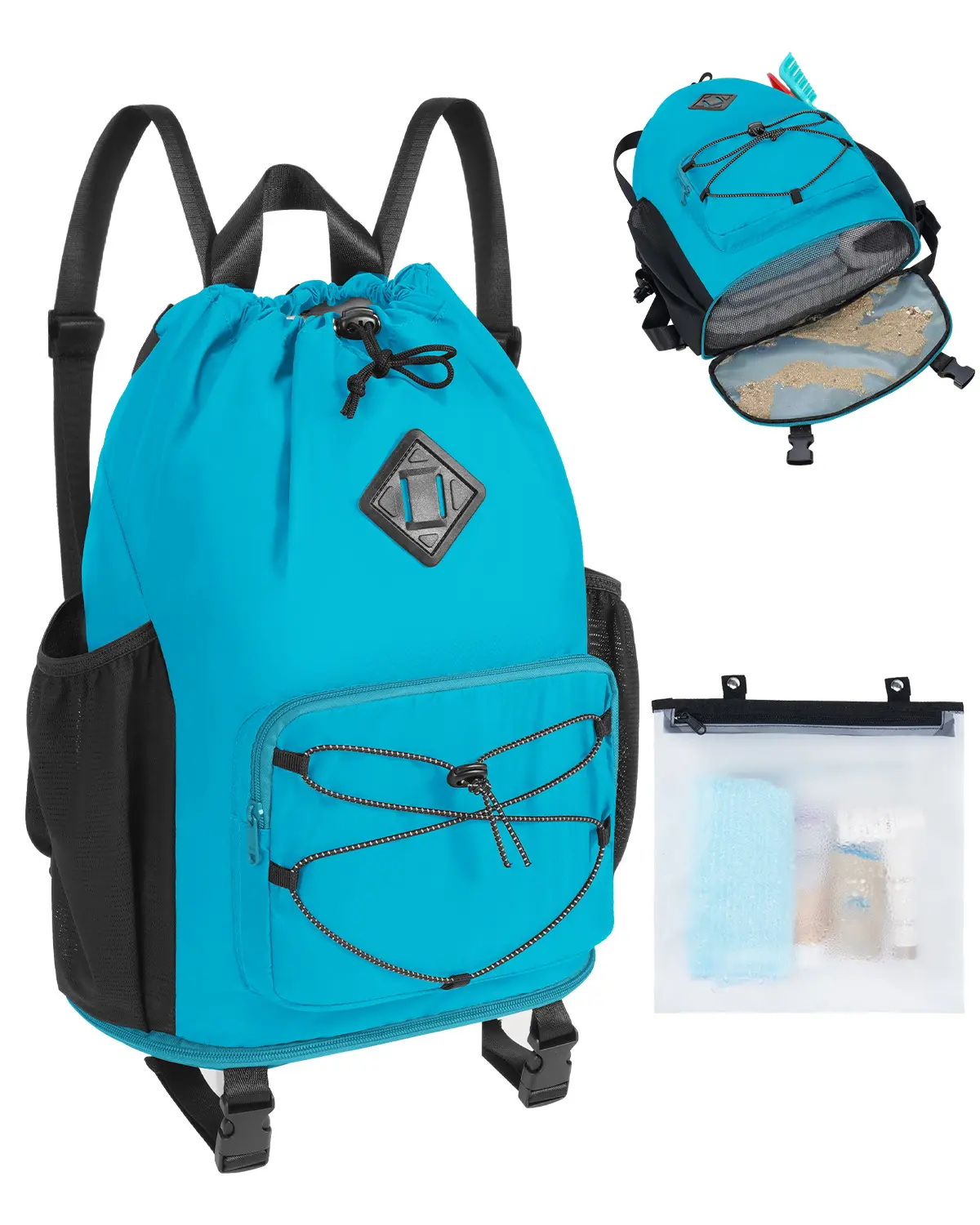 Drawstring Backpack (Draw String Bag) - Athletic Style, Sports Model, Portable, Swim-Safe Drawstring Bags with Removable Wet Pocket, Sandproof Bottom Compression Strap for Beach Mat, Gym & Travel Gear