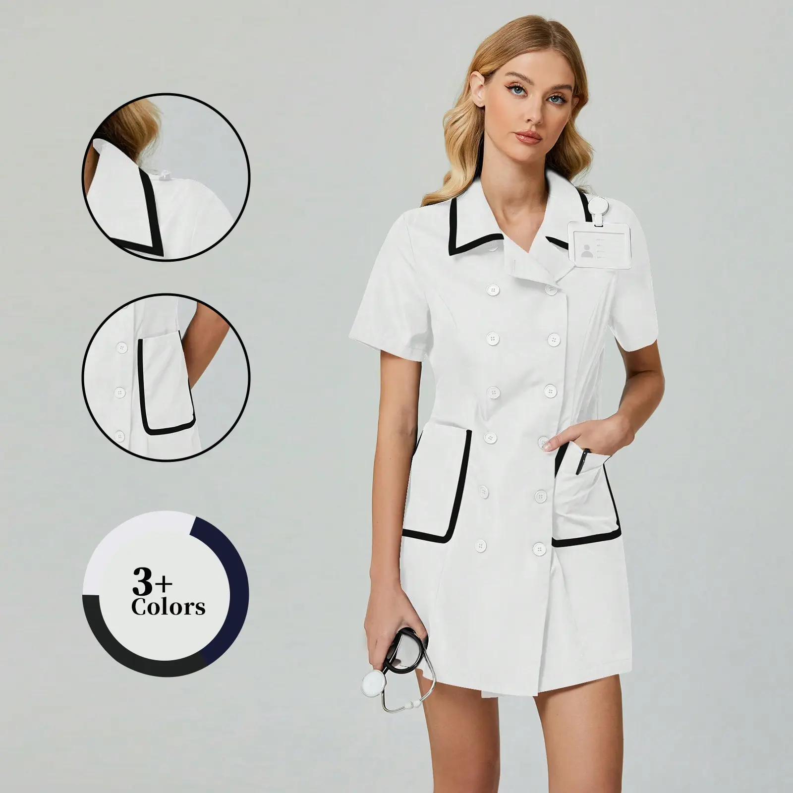Cimmuovere Women's White Stretch Waist Casual Collared Dress with Pockets V-neck Slim Fit Short Sleeves Mid-length Skirt Formal Dresses for Healthcare Workers - Womenswear Fabric Polyester