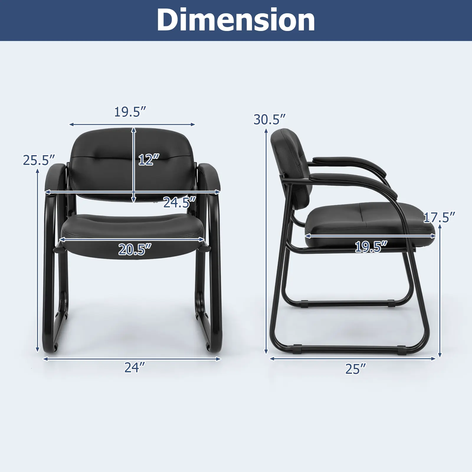 COSTWAY - Waiting Room Chair Set of 2 Reception Chairs with Sled Base and Padded Arm Rest-Black