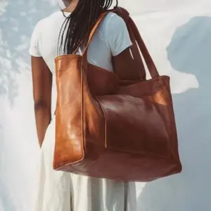 Women's Large Bag with Pocket, Soft Leather Handbag, Single Shoulder, Retro Oil Wax Leather, Large Capacity, Fashionable New Tote Bag for Women
