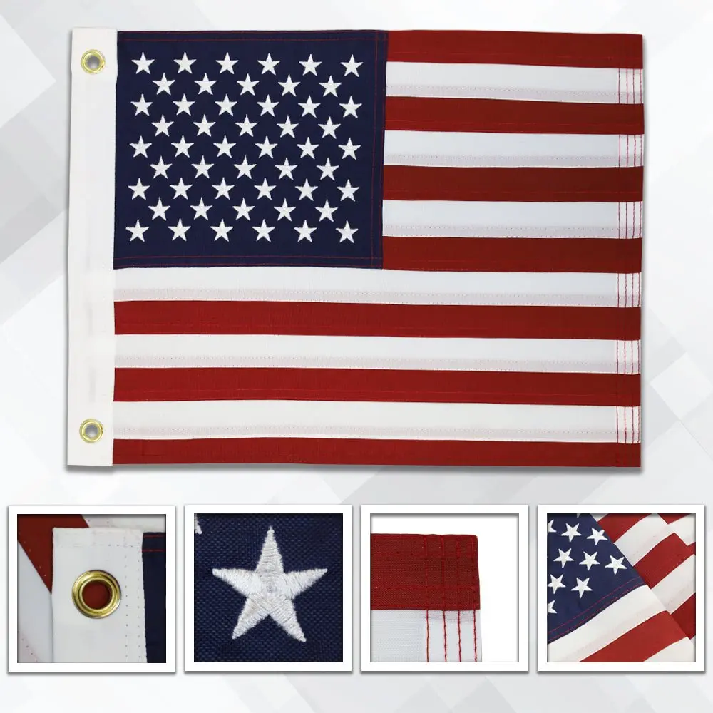 Durable Grommeted Embroidered Flag (12x18in) - Brass Grommets, 4-Stitching Banners for Boat Display, Hanging, Dune Buggies, Stars Stripes Decor