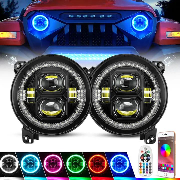 9 inch LED Headlights Halo Ring Angel Eyes Remote Phone APP Control 9” Round DRL for 2018-2026 Jeep Wrangler JL Gladiator JT