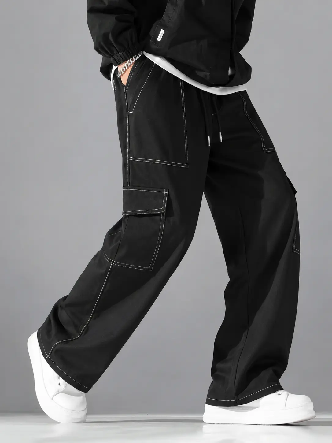 Men’s contrast-stitch cargo pants, baggy wide-leg multi-pocket drawstring utility trousers, casual streetwear pants