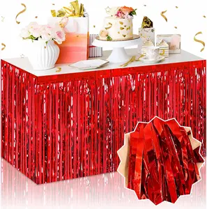 3 Pack Red Foil Fringe Table Skirts Metallic Tinsel Streamers Garland Banner Backdrop for Table Decor, Parade Float, Birthday, Wedding, Halloween, Christmas Party Decorations, 29x108 In