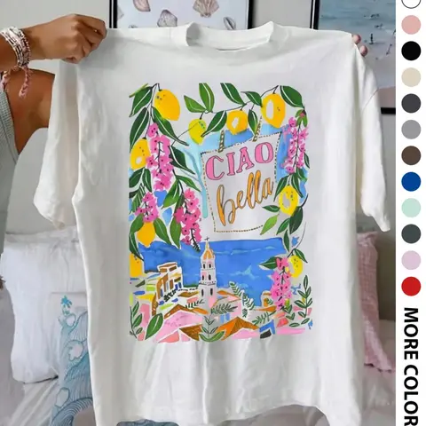Women's Lemon & Letter Print Round Neck Tee, Vintage Trendy Casual Short Sleeve T-shirt for Casual Everyday Wear, Ladies Summer, Casual Everyday Tops, Top, Casual Comfy Tee
