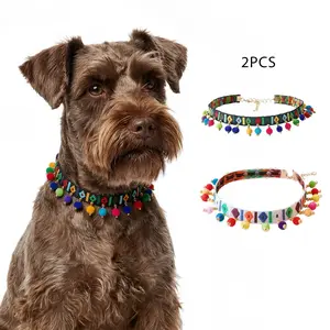 Boho Embroidered Pet Collar Set, Adjustable Fleece Necklaces for Small Medium Dogs & Cats, Fashion Vintage Style Holiday Accessories