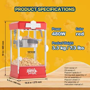 VEVOR Popcorn Maker, 480W Popcorn Popper Machine, 4 Oz Kettle Makes 1.5 Gallon per Batch, Tabletop Popcorn Maker, Includes 3 Scoops, Movie Theater Style, Red