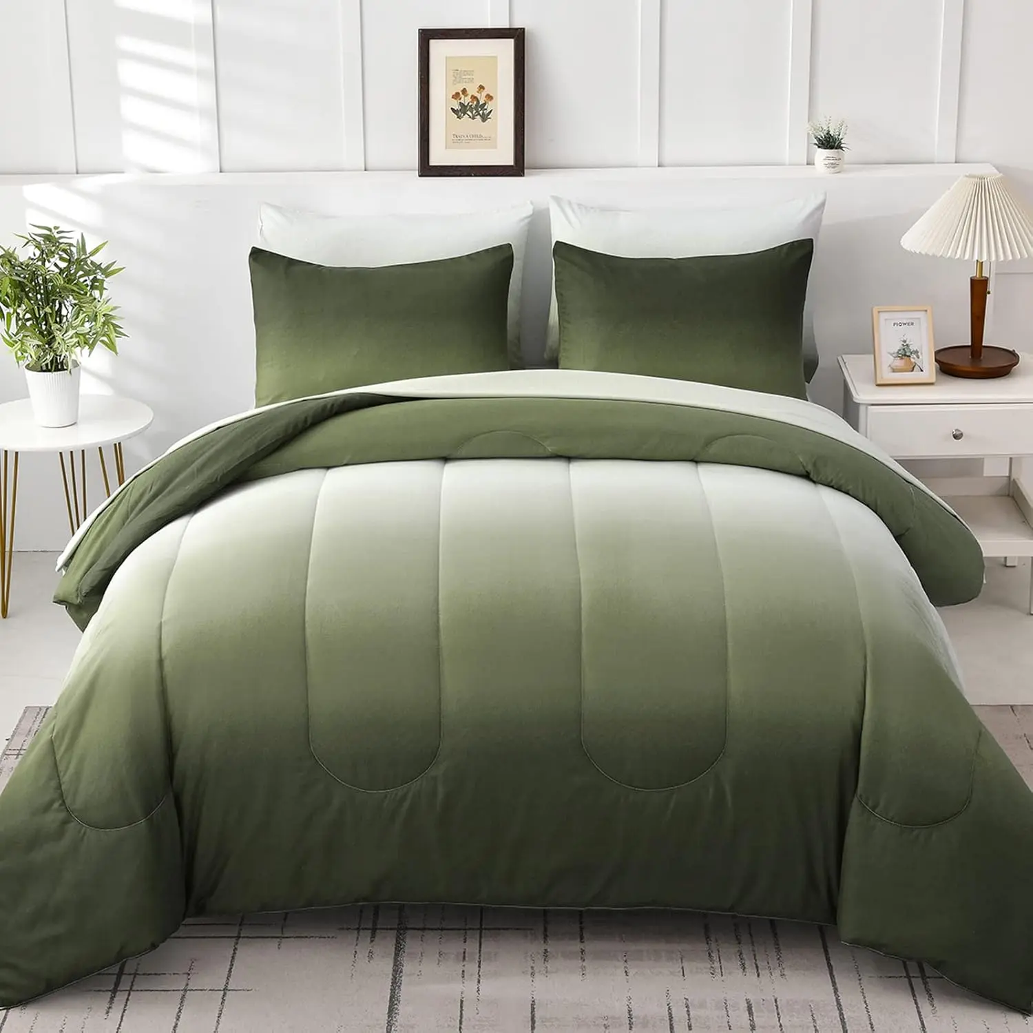 Comforter Set  Green 7 count Gradient Olive Green Lightweight Bed in a Bag  Size Set, All Season Complete Bedding Set with Flat/Fitted Sheet, Pillowcases Pillow Shams