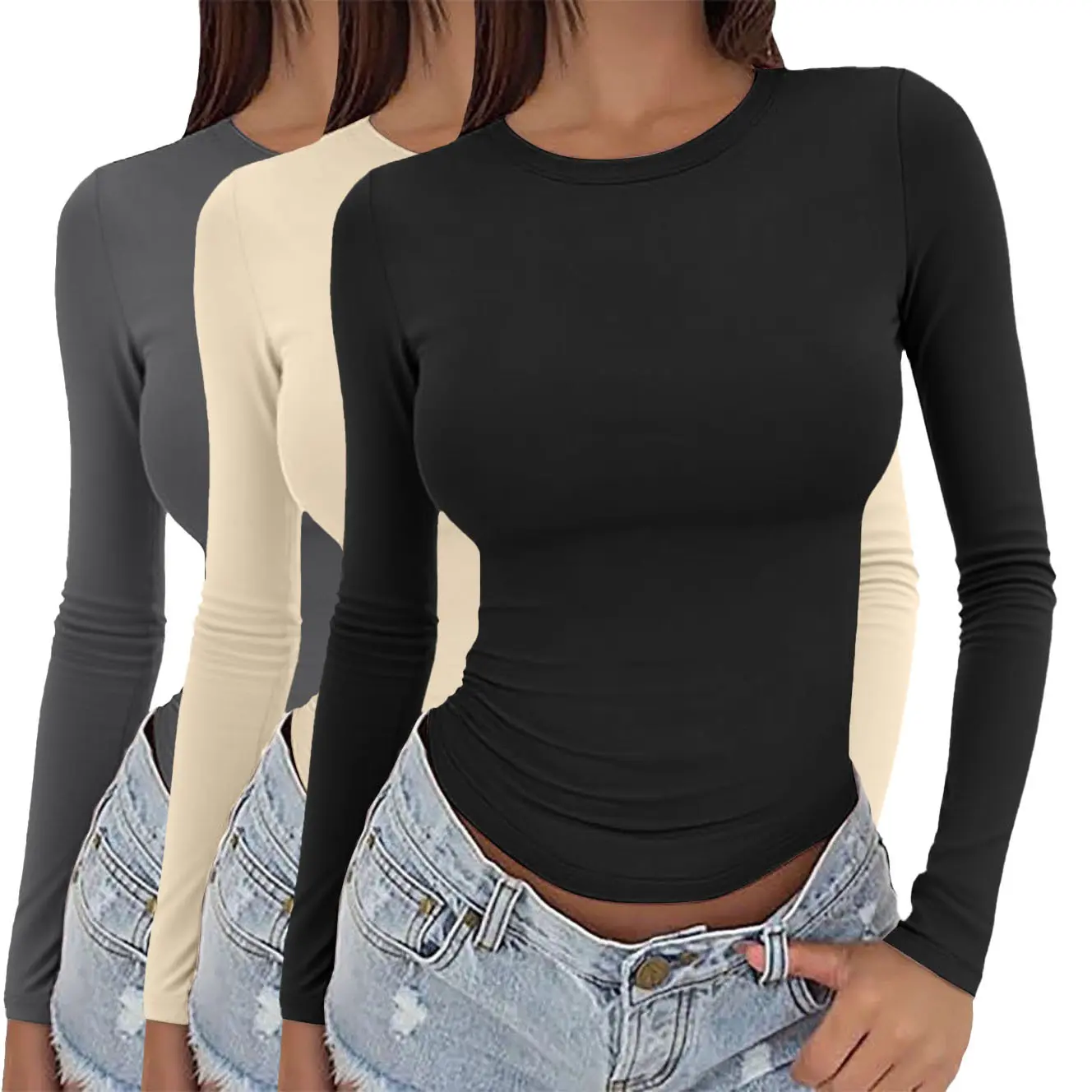 Women's Long Sleeve T-Shirt, Polyester Spandex Slim-Fit Round Neck Top, Basic Undershirt for Layering, 3-Pack, Tshirt