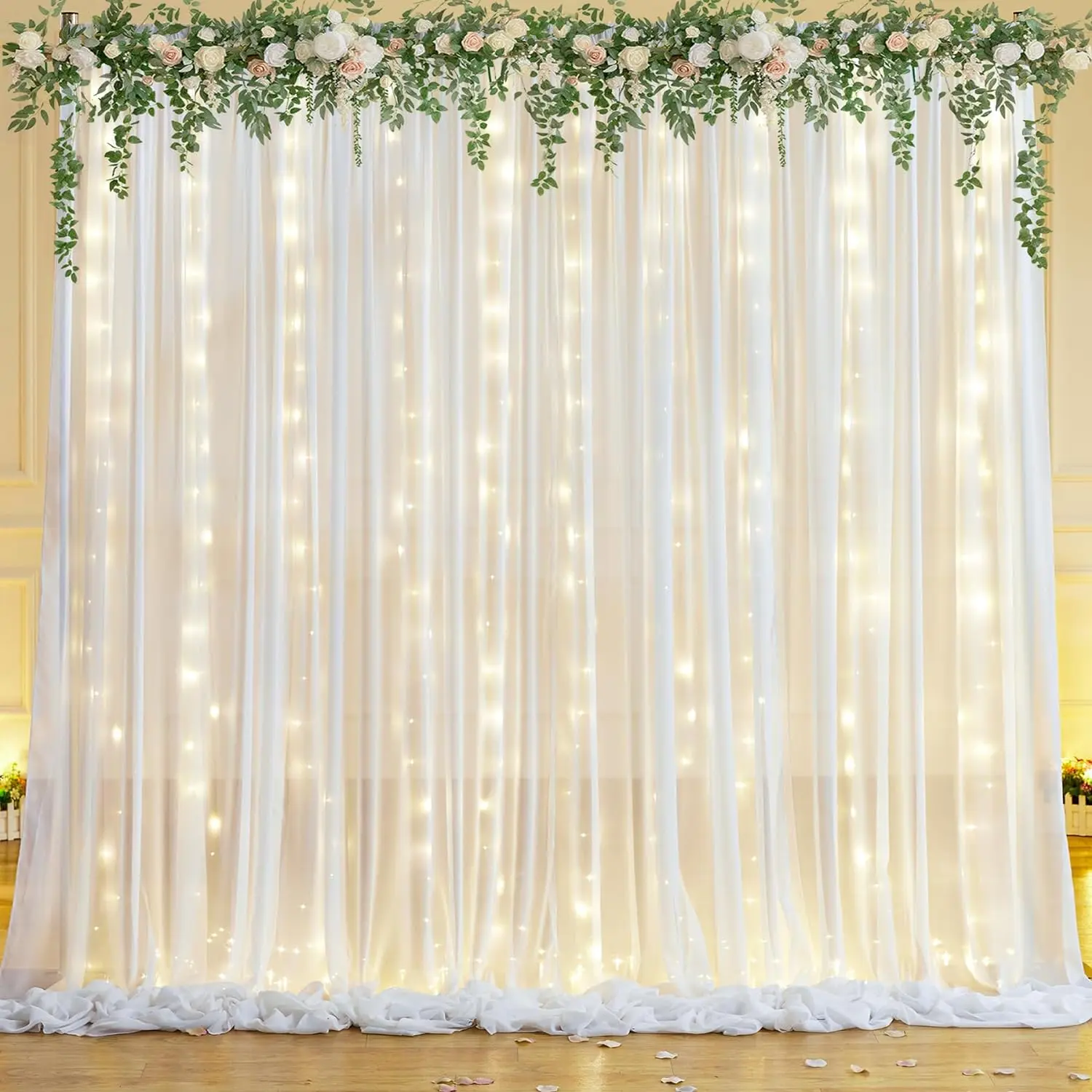 Elegant 10x10ft Ivory Chiffon Backdrop Curtain with Twinkle Lights 2 Panels 5x10ft Tulle Draping for Weddings Parties Baby Showers Photo Shoots & Room Decorations - Flower Design