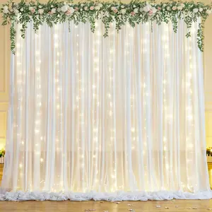 Elegant 10x10ft Ivory Chiffon Backdrop Curtain with Twinkle Lights 2 Panels 5x10ft Tulle Draping for Weddings Parties Baby Showers Photo Shoots & Room Decorations - Flower Design