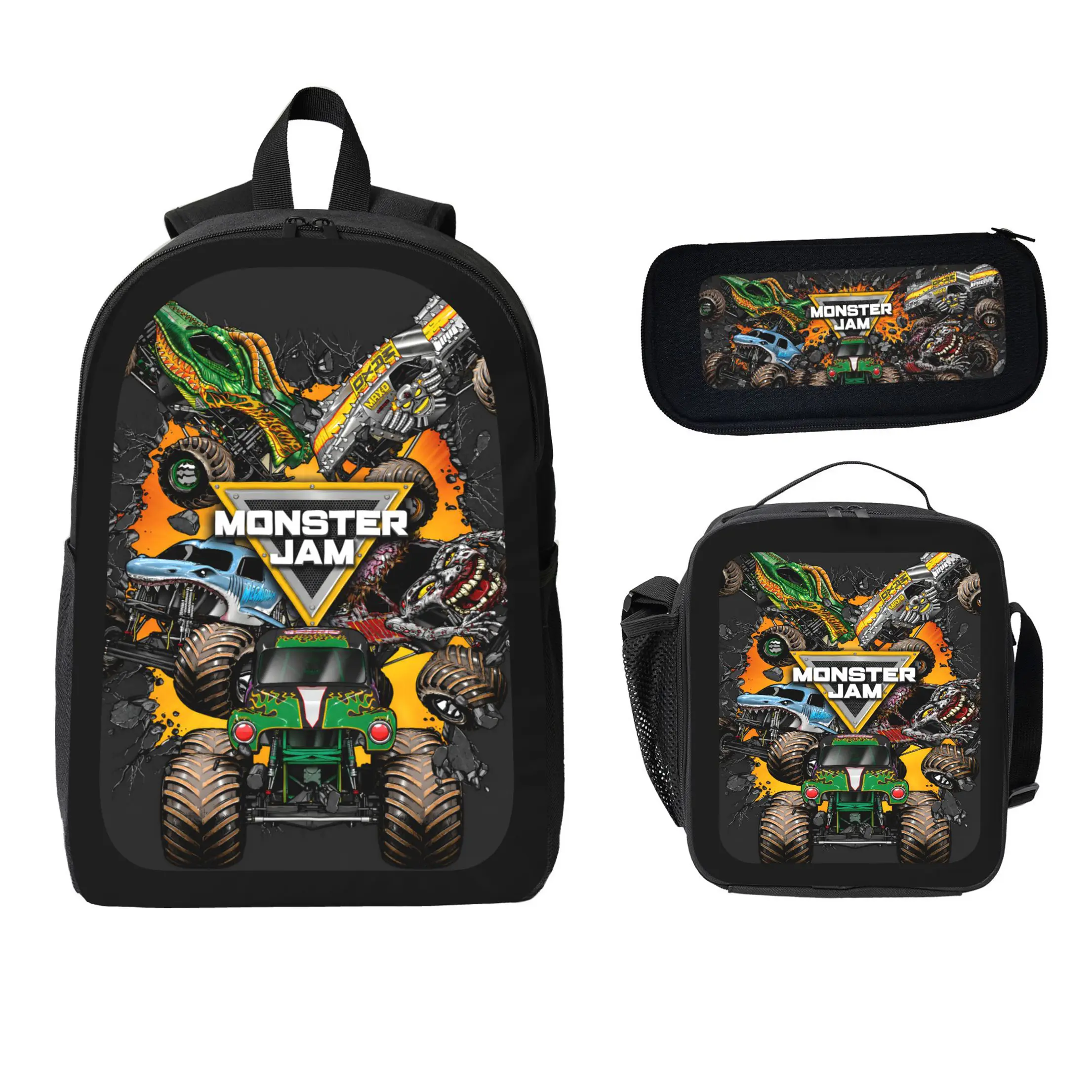 Monster Jam 3-Pcs Polyester Built-in Organizer Backpack Set, Large Capacity Lightweight Backpack, Lunch Bag, Pencil Case with Monster Truck Print for Kids Back to School, Travel, Built-In Organizer Backpacks