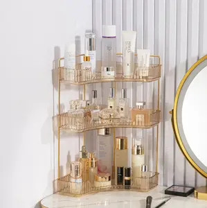 Standard Gold 2-Layer Corner Makeup Organizer with Brush Holder, Vanity Countertop Storage Boxes for Bathroom Dresser