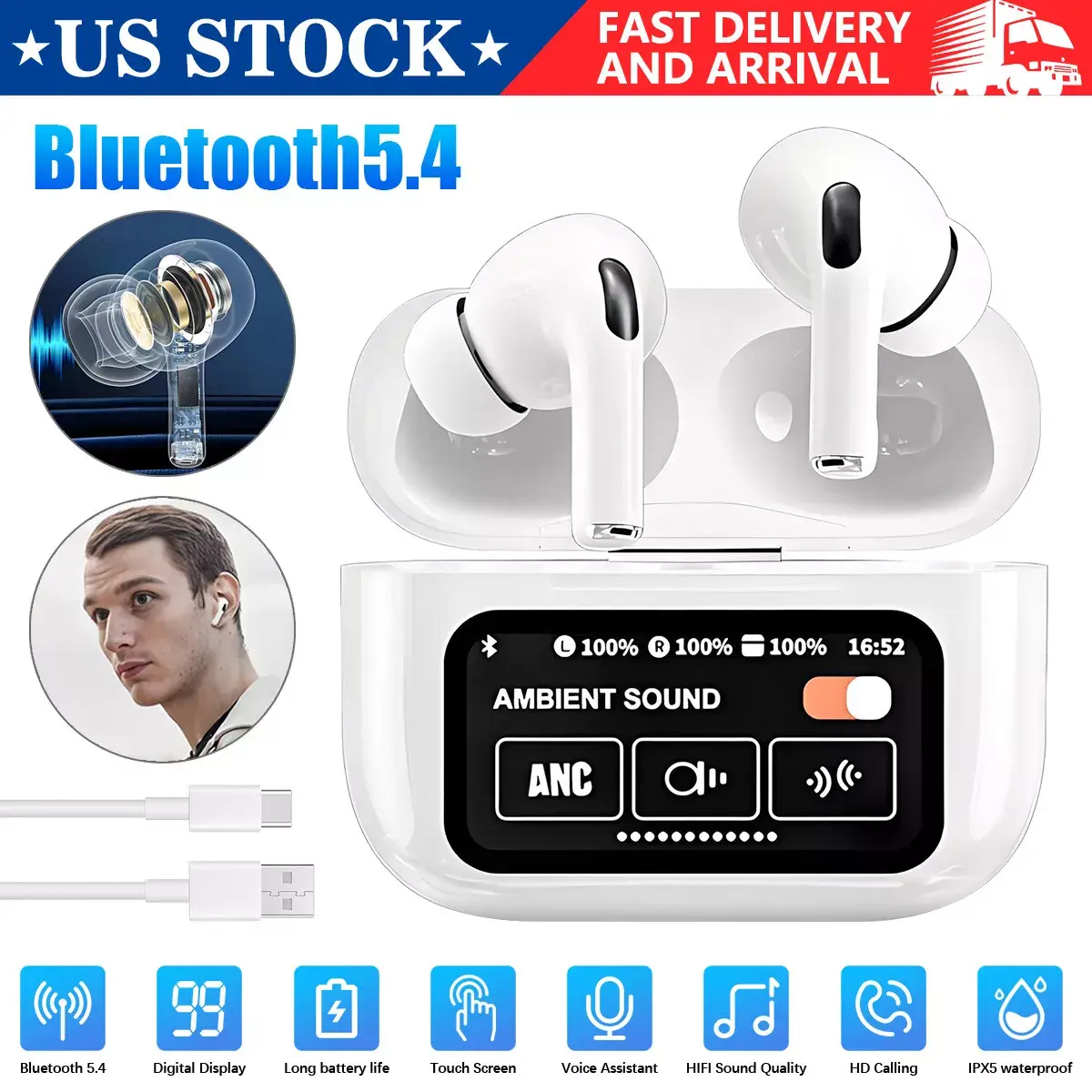 Bluetooth 5.4 Wireless Earbuds with Touch Screen, ANC Active Noise Cancelling Earphones, Ambient Sound Mode, IPX5 Waterproof HIFI Stereo Headphones for iOS Android