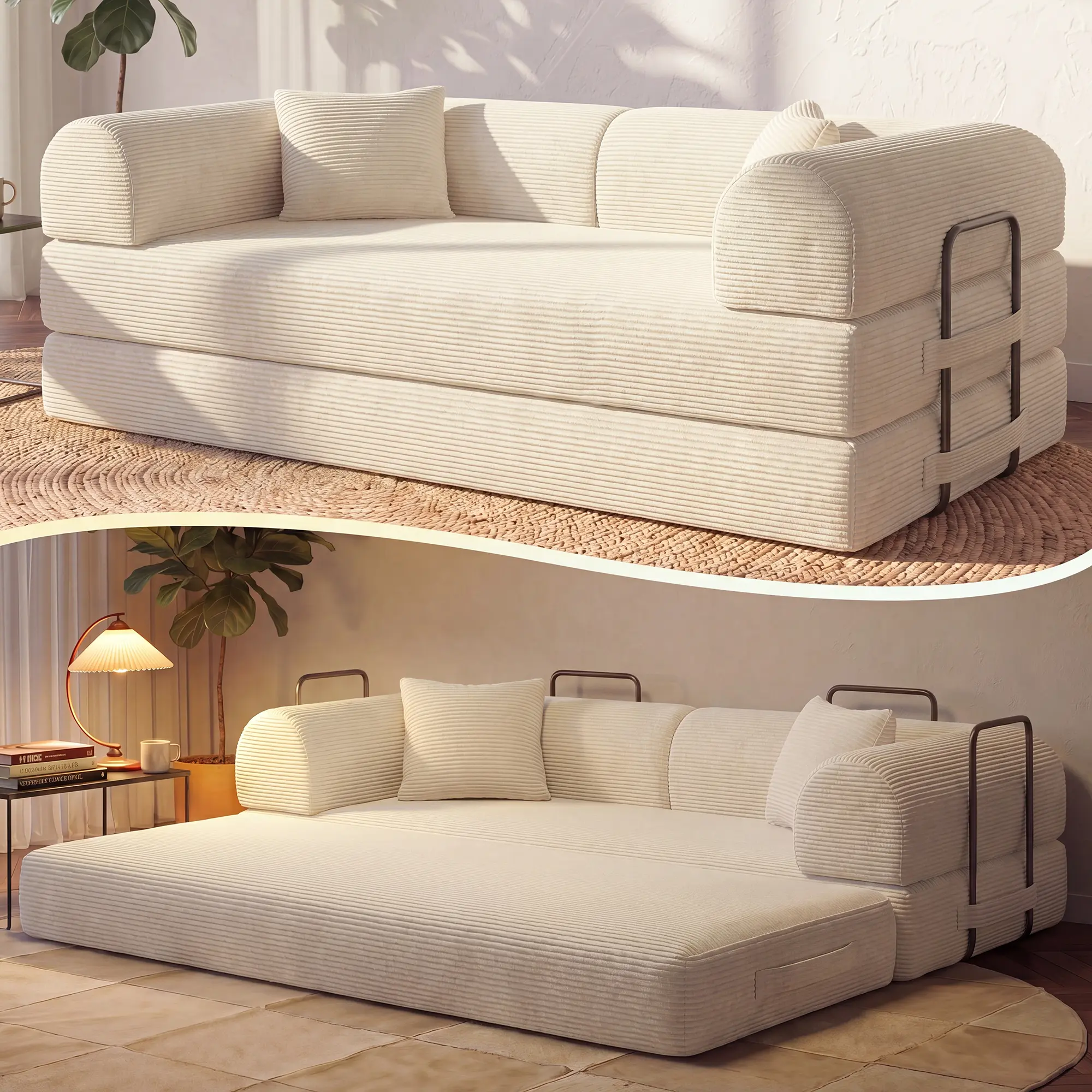 KELVISS 79-in Boneless Cloud Couch Furniture, 5-in-1 Convertible Sleeper Sofa Bed, Deep-Seat Corduroy Modular Floor Sofa with 2 Headrest Pillows, Easy Setup for Small Spaces Oversized Plush Chaise Lounge, Deep Chaise Sofa, Bed-To-Sofa Conversion Sofas & C