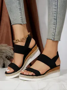 Women's Summer High Heel Wedge Sandals, Height Increasing Thick Sole, Elastic Strap Open Toe, Fashion Comfort Shoes, Must-Have for Travel, Higher Platform Sandals