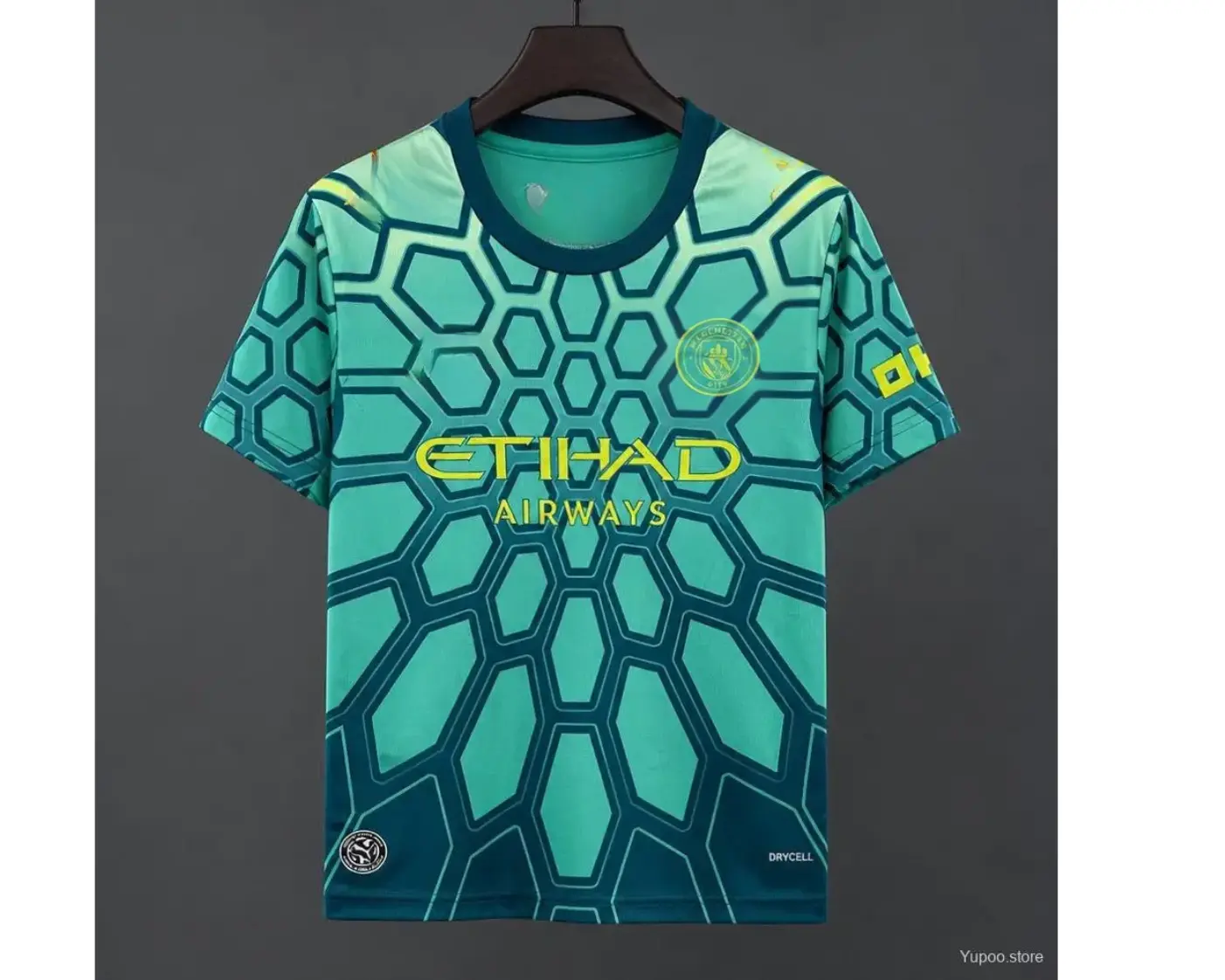 FULL LOGO Teal Geometric Soccer Jersey, Short Sleeve Football Shirt with Neon Yellow Accents, Unisex Retro Match Day Fan Top and Training Sportswear for Men and Women