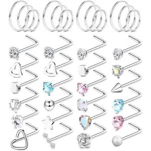 MILACOLATO 36Pcs 18G 20G Surgical Steel Nose Ring Nose Piercing Nose Hoop Ring L Shaped Silver  Hypoallergenic CZ Opal Heart Star Nose Piercing Jewellery for Women Men nose rings