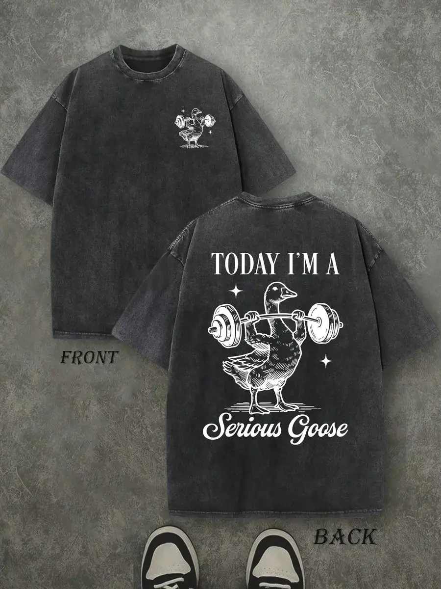Vintage Today I'm A Serious Goose Weightlifting Goose Funny Gym Meme T-Shirt, Washed Black Cotton Oversized Short Sleeve Tee, Front Back Sketch Animal Workout Casual Crewneck Shirt