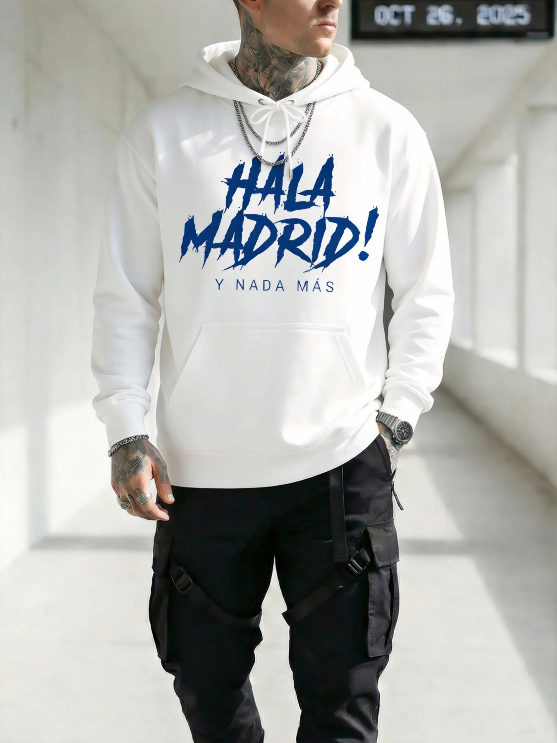 Unisex Hala Madrid Y Nada Mas Graphic Cotton Hoodie, Menswear Men's Fashion Long Sleeve Breathable Fabric Pullover, Soccer Fan Apparel, Casual Streetwear Sports Gift (White)