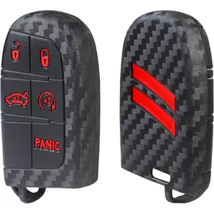 1 PC Silicone Key Fob Cover Fit for Dodge Charger Challenger Durango Journey Dart Key Shell Protector 5 Buttons Keyless for Dodge Accessories(Carbon Fiber red Trim)