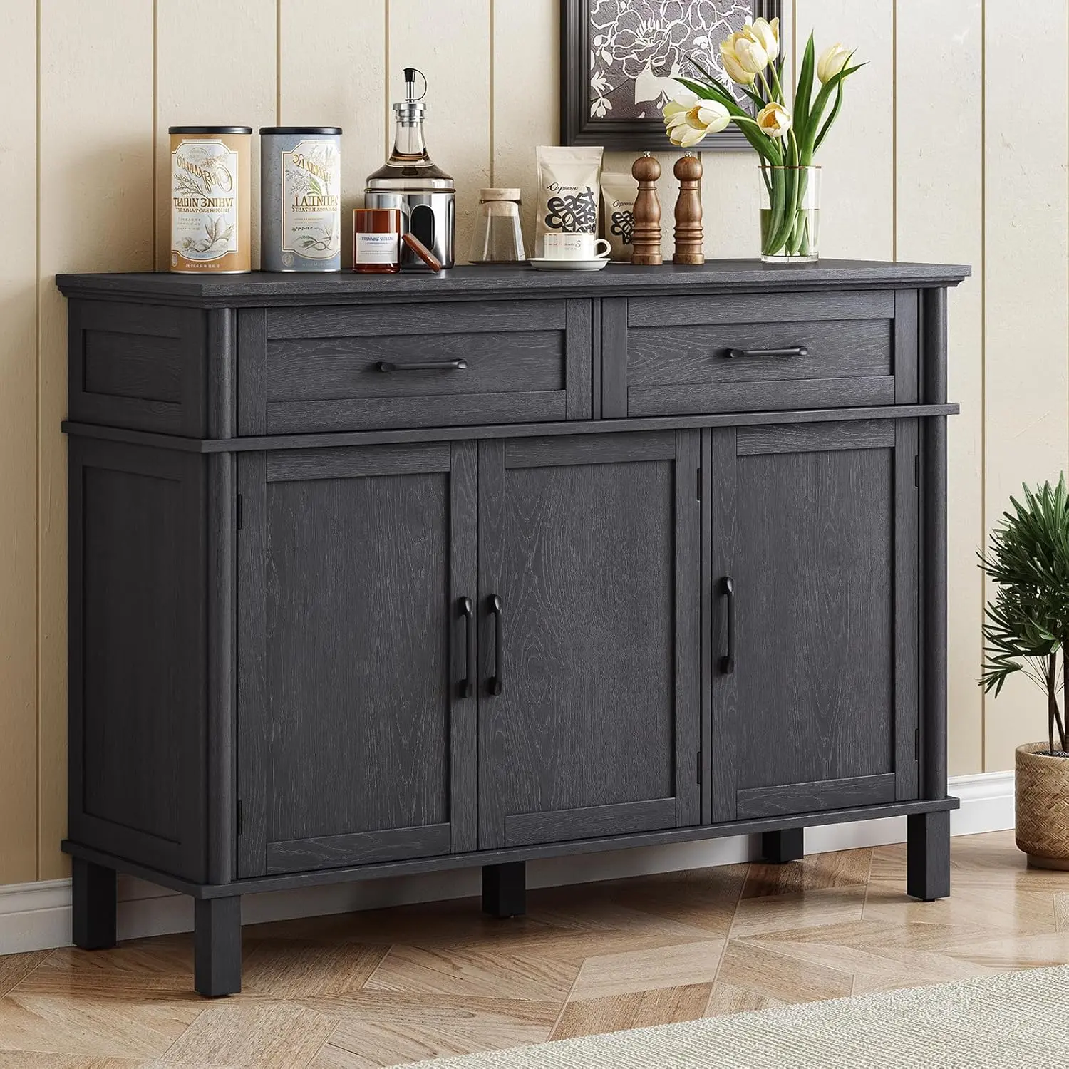 【BackToSchool】ONBRILL 48-Inch Sturdy Modern Farmhouse Sideboard Buffet Cabinet - Black Wood Cabinet Chest with Thick Legs, 2 Drawers, 3 Doors, Adjustable Shelves, Multi-Compartment Storage, Installation Manual for Kitchen, Living Room, Home Bar, Storage F