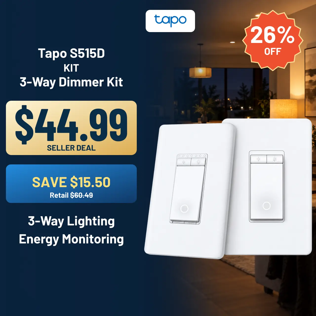 TP-Link & Tapo S515D KIT Smart 3 Way Dimmer Switch KIT, Matter Compatible, Energy Monitoring, Neutral Wire Required, Works with Alexa, Siri, Google Home, SmartThings, UL Certified, 2.4GHZ Wi-Fi #SummerWins #DealsForYouDays, Living Rooms, Any Occasion