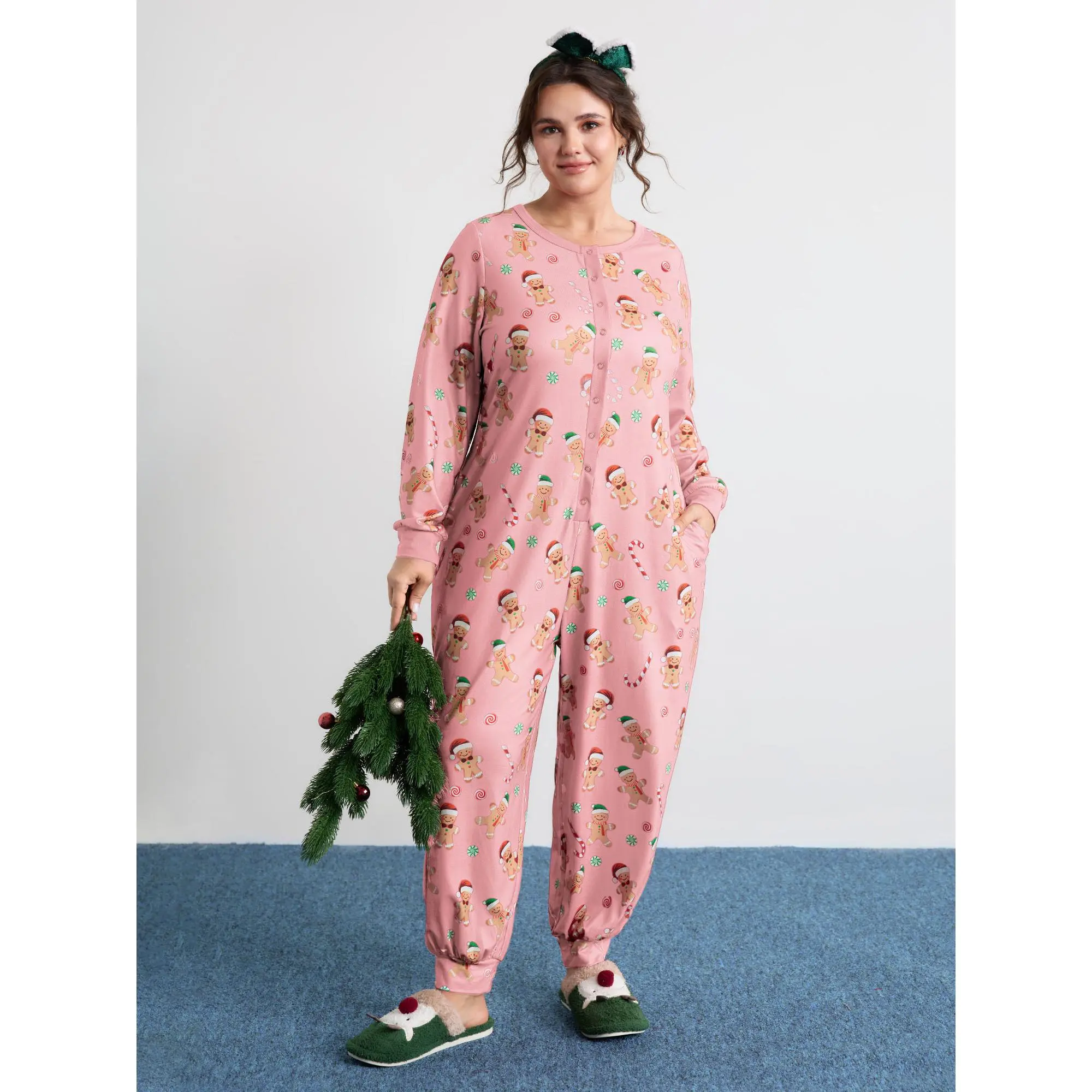BLOOMCHIC Women's Plus Size Gingerbread Print Button Placket Jumpsuit (M-6X) - 2026 Summer Breathable Comfy Spandex Loungewear, Long Sleeve, Round Neck, Ribbed, Side Pockets, Patchwork Print, Regular Fit, Hand Wash, Everyday Curvy Clothing, Summerfinds, W