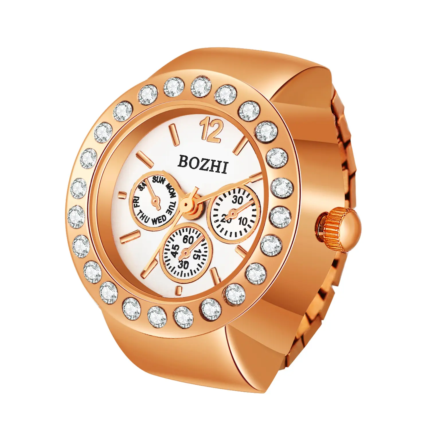 OIDEA Women's Fashion Watch, Glamorous Rose Gold Tone Crystal-Encrusted Triple Dial, Splash-Resistant Elastic Band, Rhinestones, Quartz Movement, 1 ATM Water Resistance