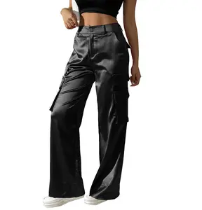 Heipeiwa Women's Satin Cargo Wide Leg Pants Silky Party Dressy Casual Multi Pockets Y2K Pant High Waist Streetwear Nightout Metallic Sequin Baggy Clubwear Trouser