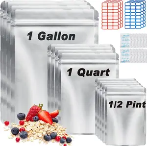 Mylar 100 Pack Food Storage Bags with Oxygen Absorbers, 1 Gallon 9.4 Mil 10"x14", 7"x10", 5"x7" Stand-Up Zipper