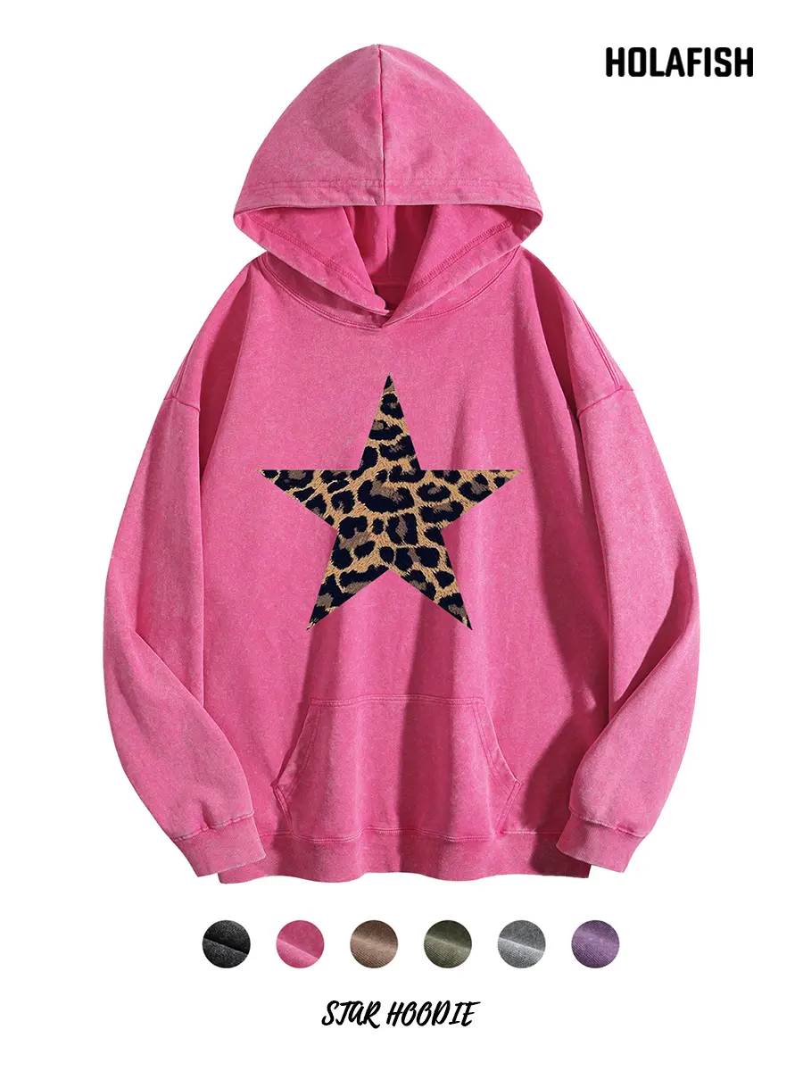 Holafish STAR Girl Printed Acid Wash Oversized Hoodie Vintage - Women's Casual Sweatshirt Soft Fabric Longsleeves, Heavyweight Retro Biker Style, Comfortable Winter Streetwear, Loose Hangable Unisex Pullover Top, Hooded Neck Womenswear 2026 Fashion