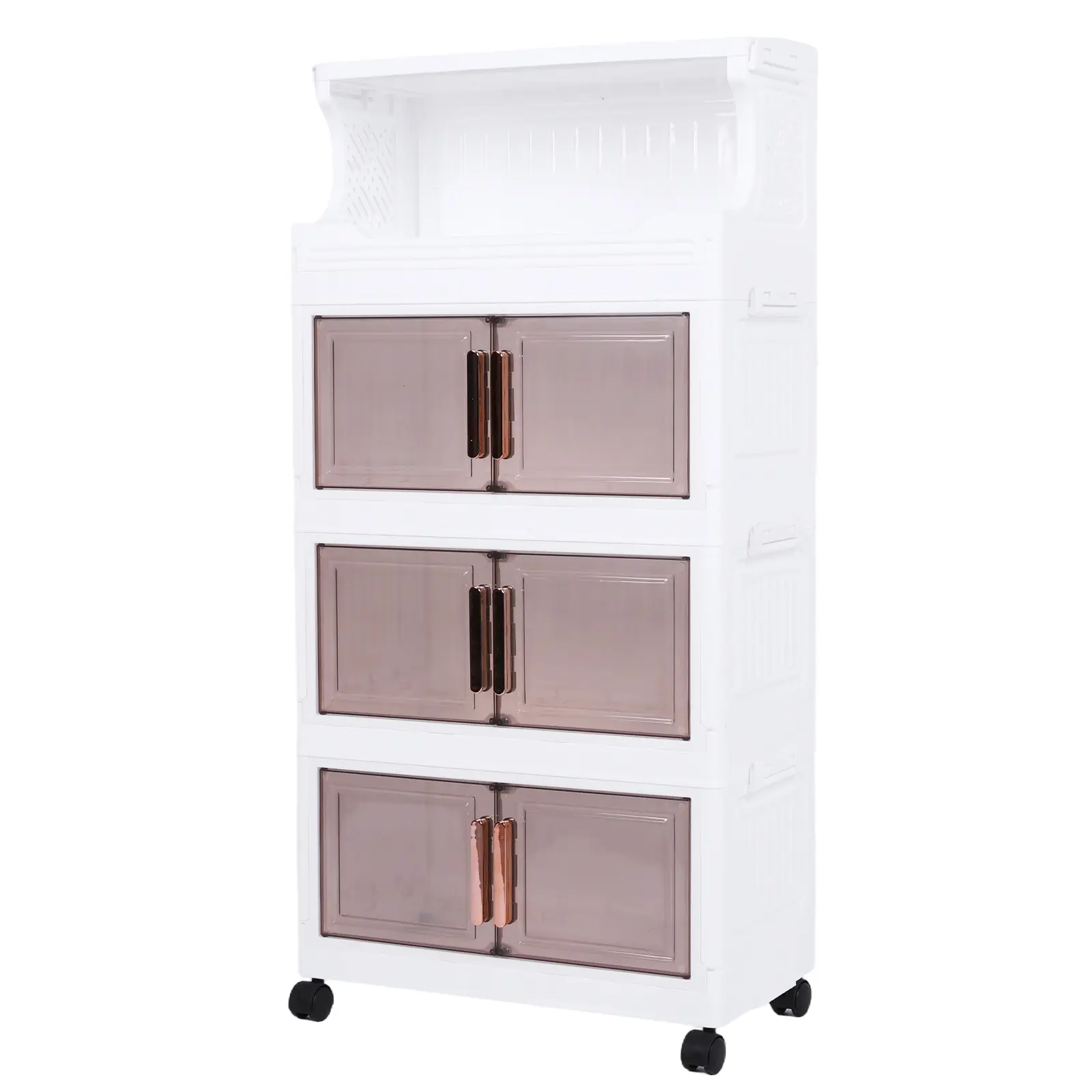 3-Tier Stackable Plastic Office Filing Organizer Cabinet - Collapsible, Modern 42cm Large-Capacity Unit with Magnetic Doors, Wheels, Transparent Cover, Tool-Free Setup for Indoor Office & Home Organization, 1 X Stackable Plastic Storage Bin, Locking Wheel