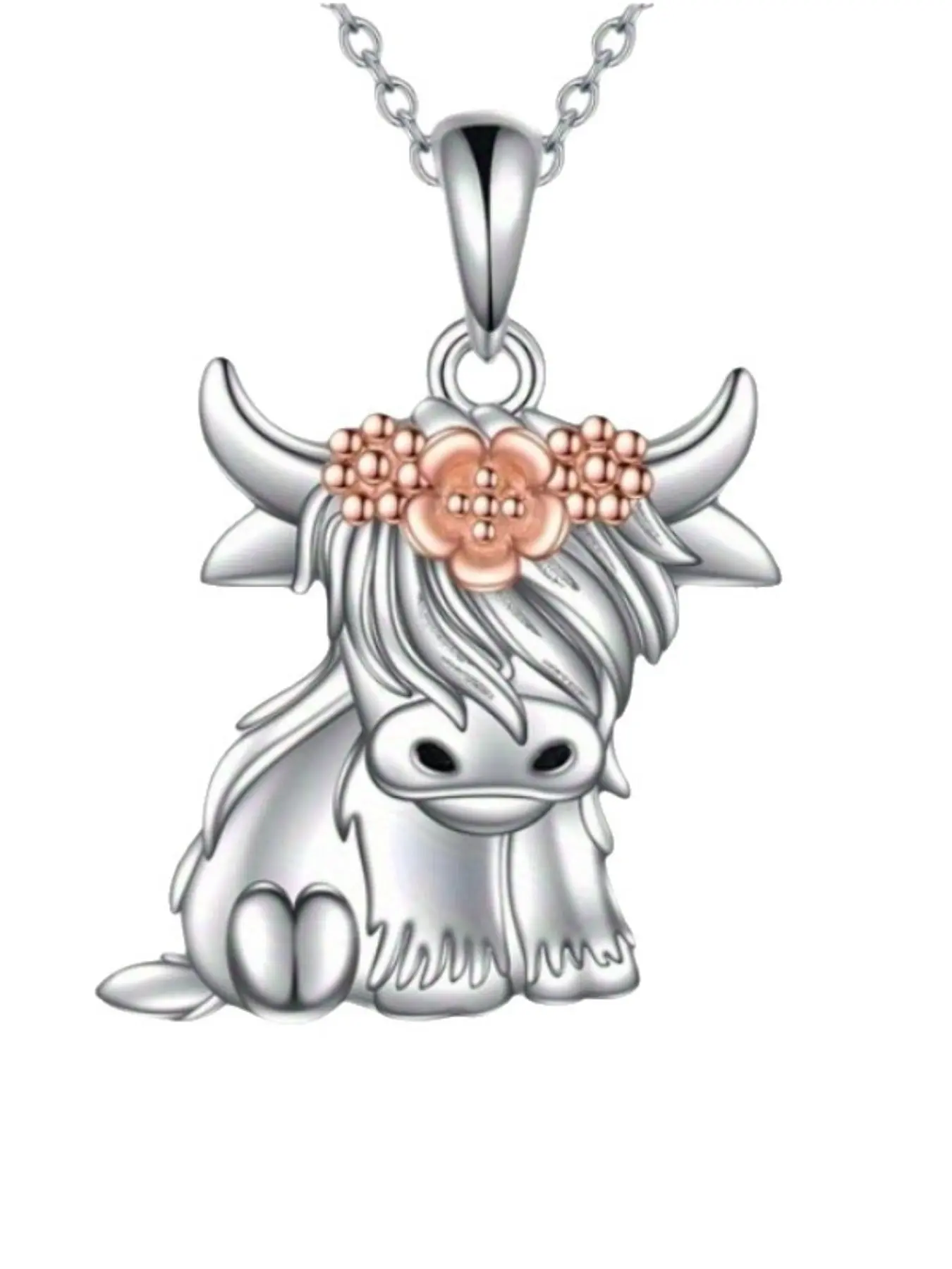 Highland Cow Jewelry Silver Color Pendant Necklace, Scottish Highland Cow Cute Animal Charm, Gift for Mom Birthday Mother's Day, Stainless Steel Necklaces